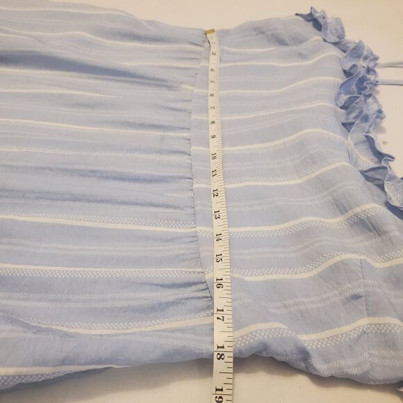 BCBG Paris Light Blue Crepe Midi Dress Size L Babydoll Summer Peasant Stripped - Picture 8 of 9